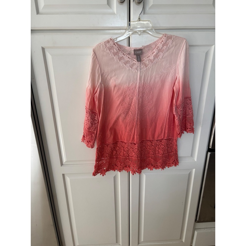 Chico's Ombre Pink Coral Crochet‎ Lace Trim Embroidered Tunic Top Size 0 Small